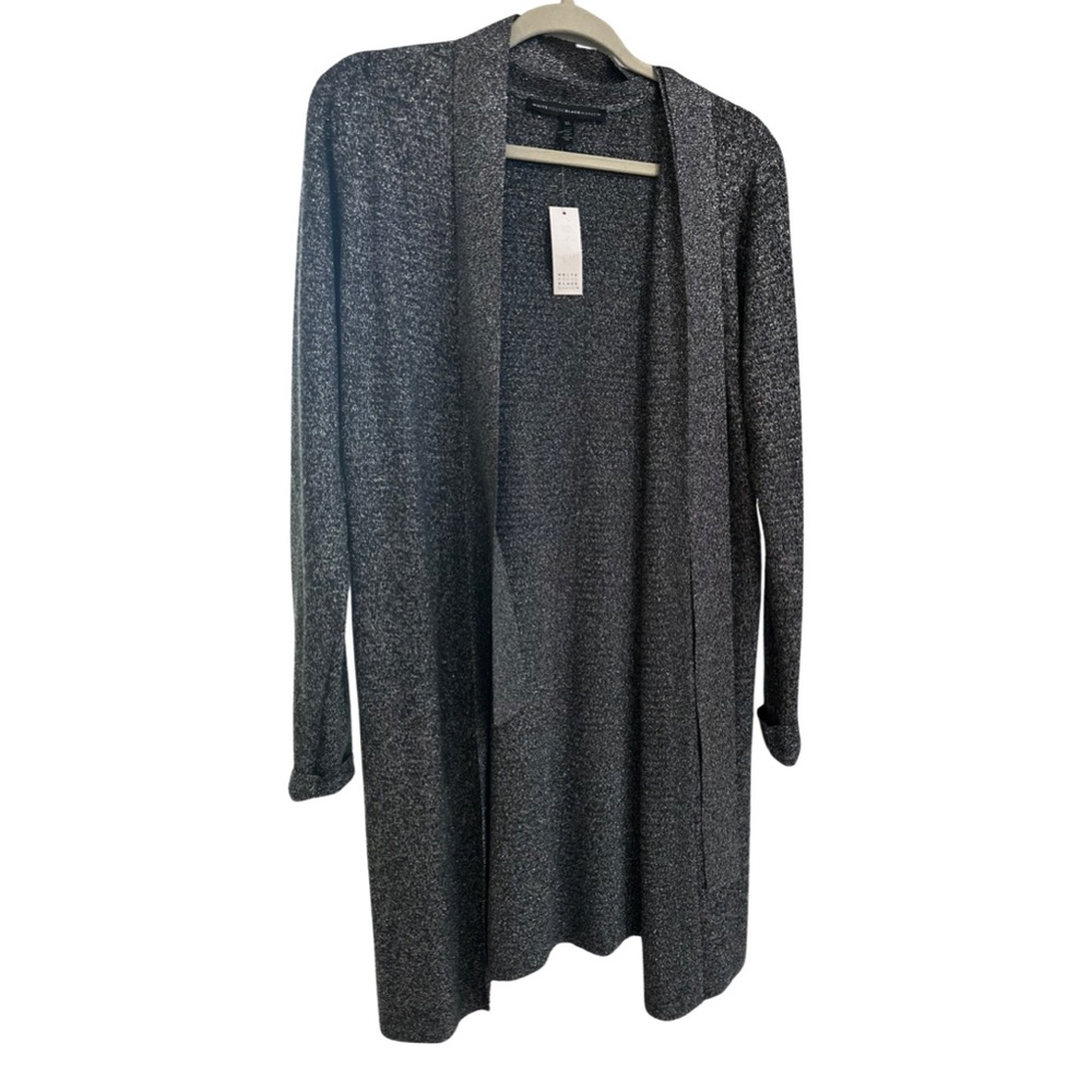 NEW White House Black Market 3/4 length cardigan w/ belt Black & Silver sparkle